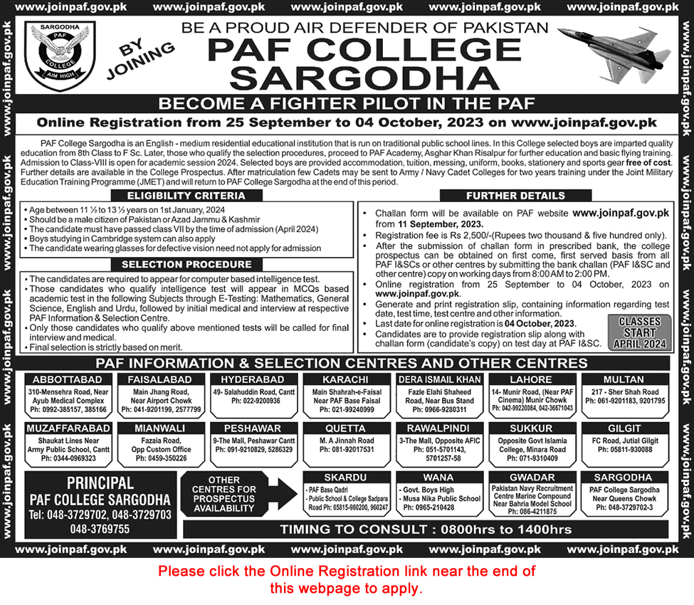 PAF College Sargodha Admission 8th Class 2023-2024 Pakistan Air Force Join to be a GD Pilot Latest