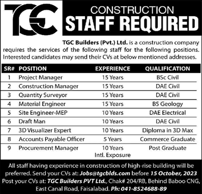 TGC Builders Pvt Ltd Faisalabad Jobs 2023 September Draftsman, Site Engineer & Others Latest