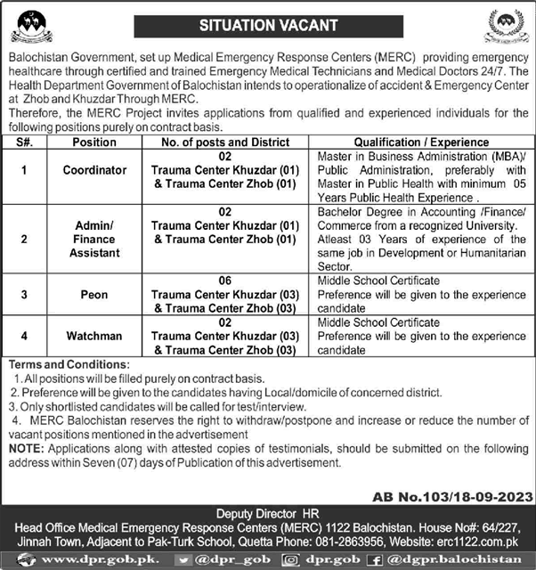 Medical Emergency Response Centers Balochistan Jobs September 2023 Peons & Others MERC Latest