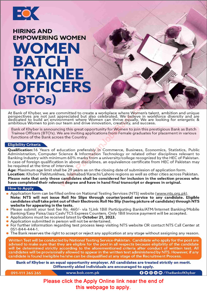 Bank of Khyber Jobs October 2023 NTS Apply Online Women Batch Trainee Officers BTOs Latest