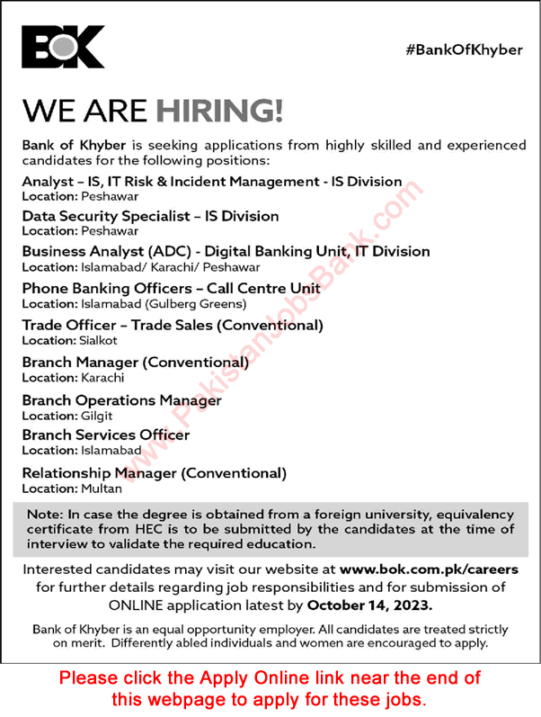 Bank of Khyber Jobs October 2023 Apply Online Phone Banking Officers, Relationship Manager & Others Latest