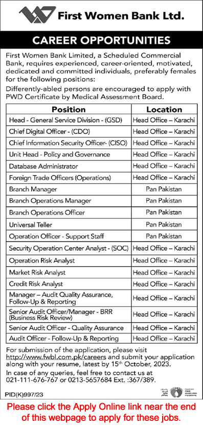 FWBL Jobs October 2023 Apply Online Universal Teller, Branch Operations Managers & Others Latest