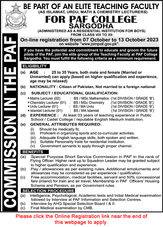 Lecturer Jobs in PAF College Sargodha October 2023 Apply Online Commission in the PAF Latest