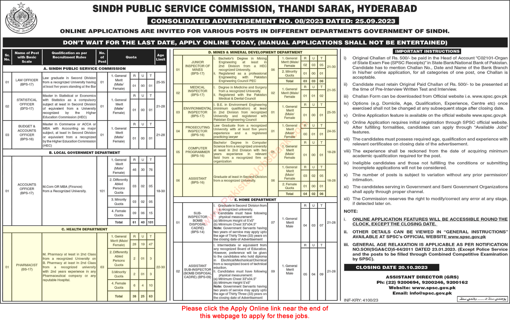 Health Department Sindh Jobs October 2023 SPSC Apply Online Pharmacists & Others Latest