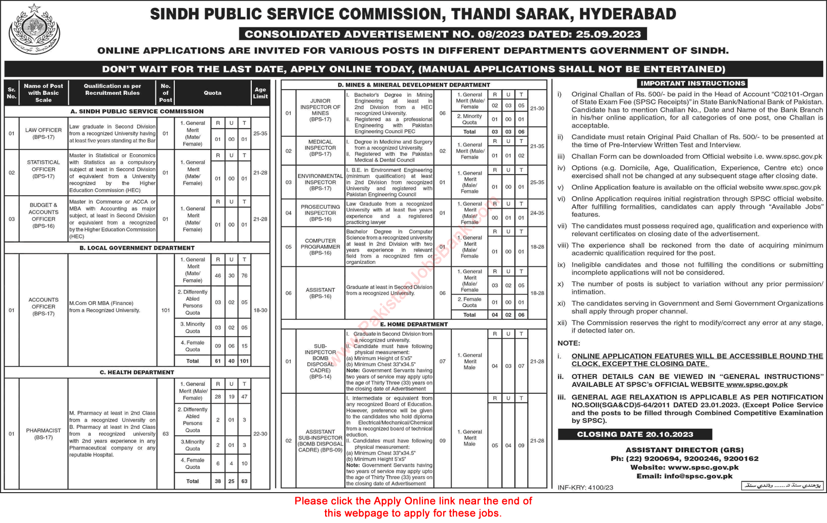 SPSC Jobs October 2023 Online Apply Consolidated Advertisement No 08/2023 8/2023 Latest