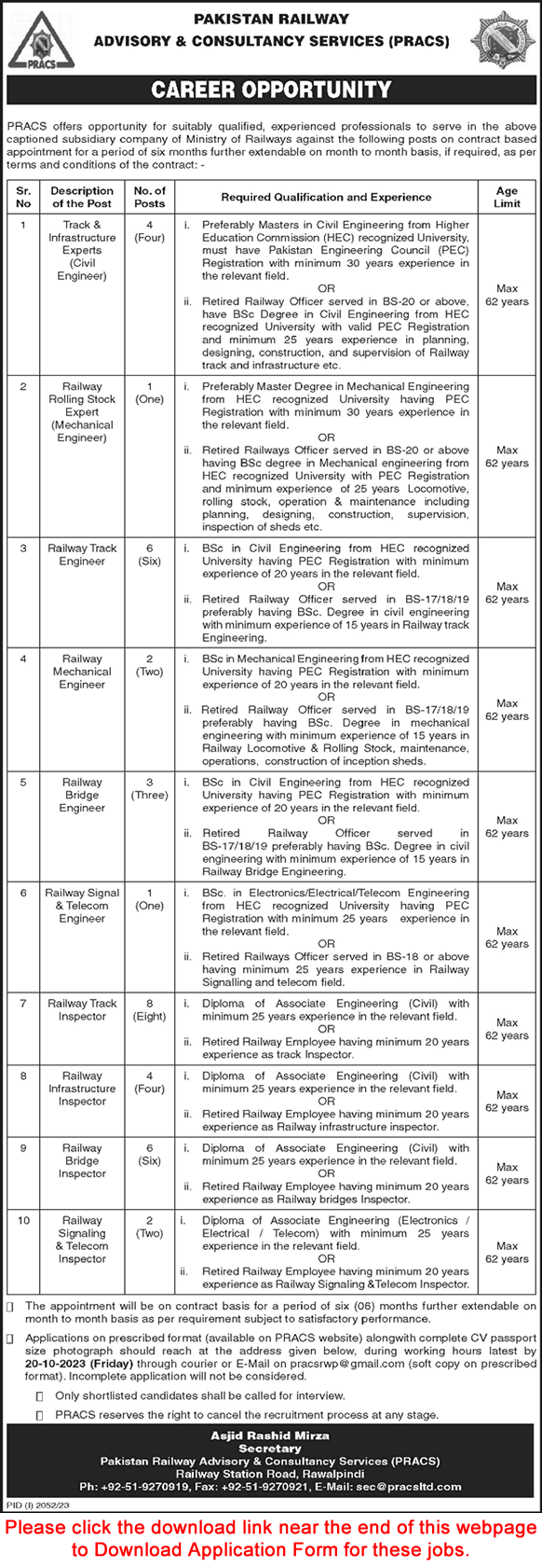 Pakistan Railway Advisory and Consultancy Services Jobs October 2023 PRACS Application Form Latest