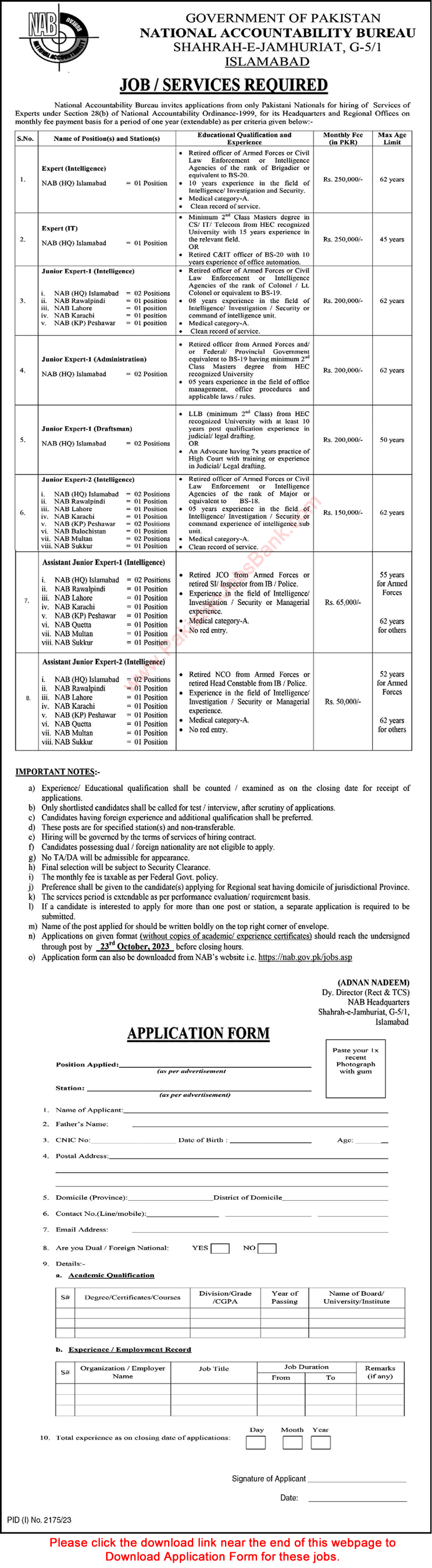 NAB Jobs October 2023 Application Form Junior / Experts National Accountability Bureau Latest