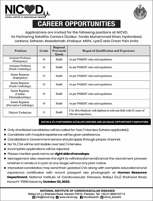 NICVD Jobs October 2023 Teaching Faculty & Dialysis Technician National Institute of Cardiovascular Diseases Latest