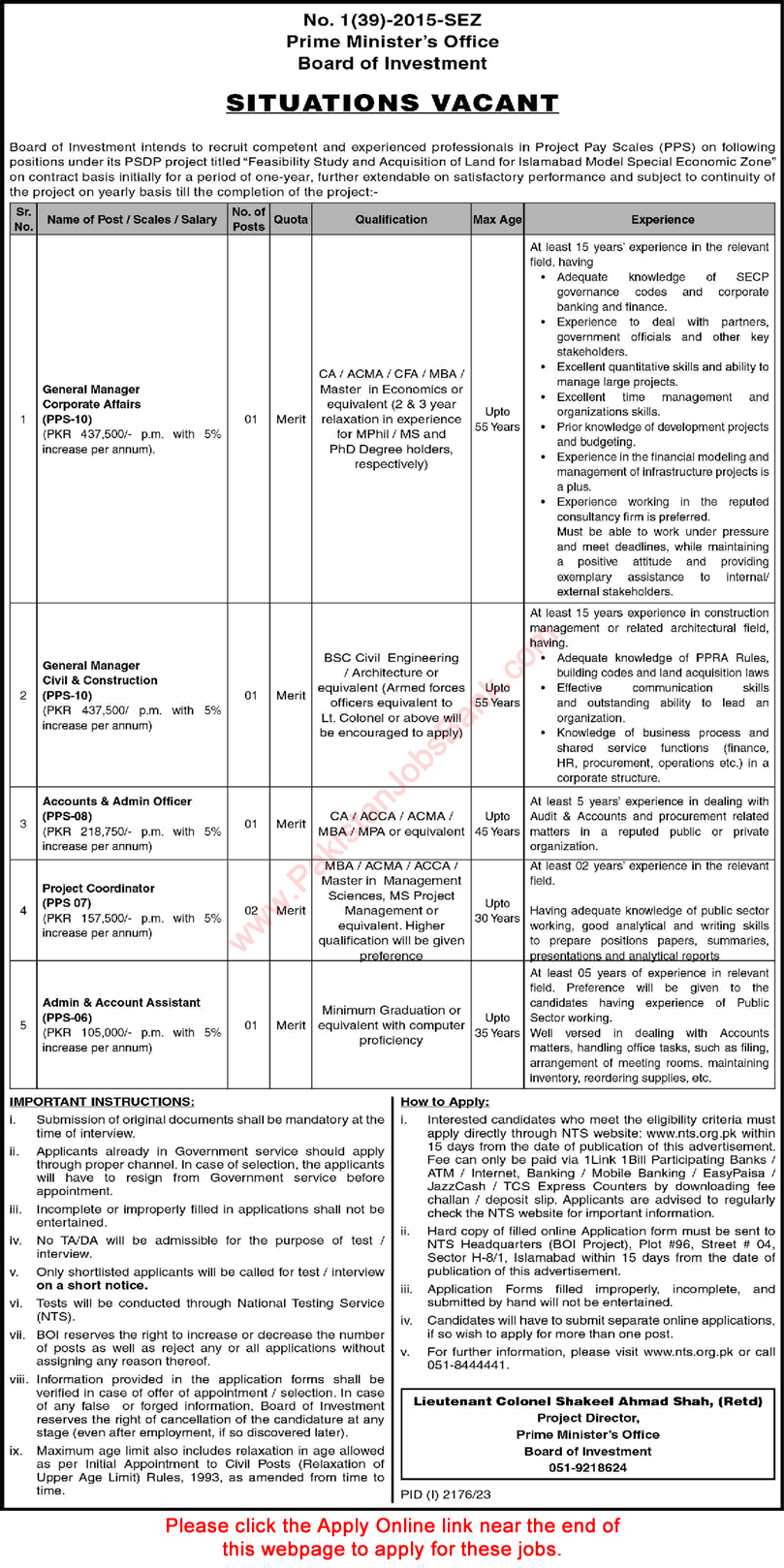 Board of Investment Islamabad Jobs October 2023 NTS Apply Online Prime Minister's Office Latest