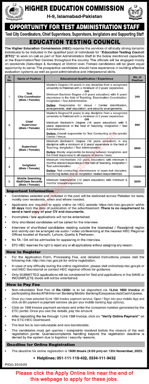 HEC Jobs October 2023 Apply Online Invigilators, Supervisors & Others Education Testing Council Latest