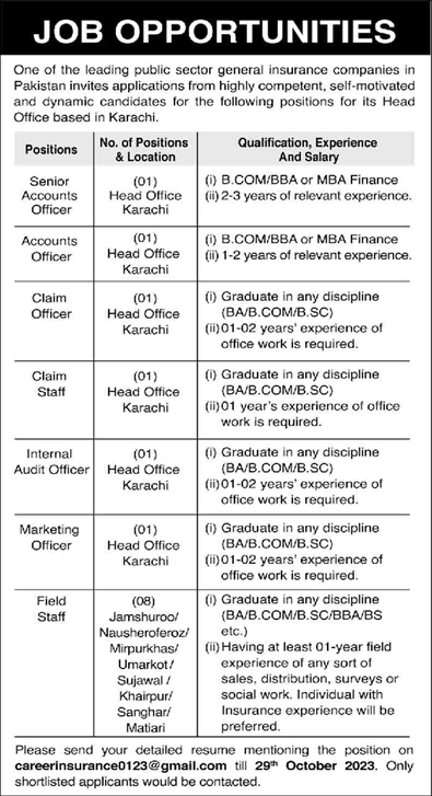 Insurance Company Jobs in Sindh 2023 October Field Staff, Marketing Officer & Others Latest