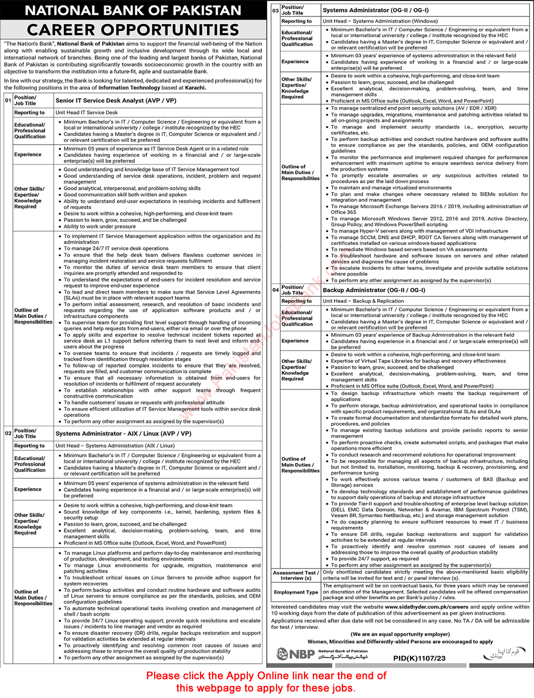 National Bank of Pakistan Jobs October 2023 Apply Online System / Backup Administrator & Others NBP Latest
