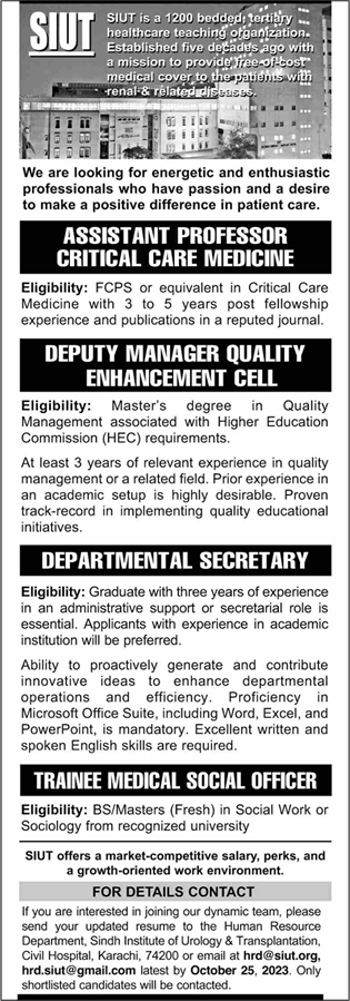 SIUT Hospital Karachi Jobs October 2023 Trainee Medical Social Officer & Others Latest