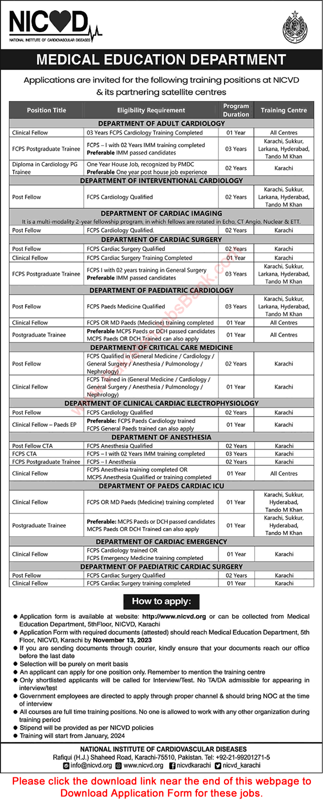 NICVD Karachi Jobs October 2023 Fellowship Training Programs Application Form National Institute of Cardiovascular Diseases Latest