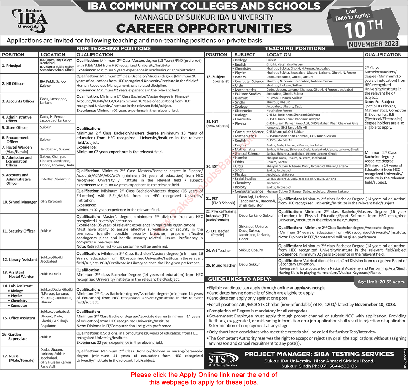 IBA Community Colleges and Schools Sindh Jobs 2023 October STS Apply Online Teachers & Others Latest