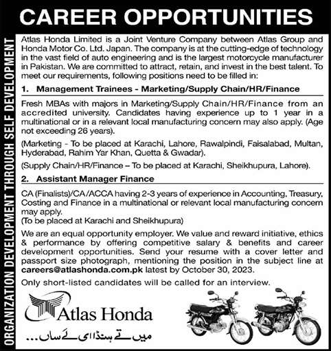 Atlas Honda Pakistan Jobs 2023 October / November Management Trainees & Assistant Manager Latest
