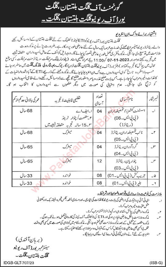 Board of Revenue Gilgit Baltistan Jobs October / November 2023 BOR GB Walk-in Interview Latest