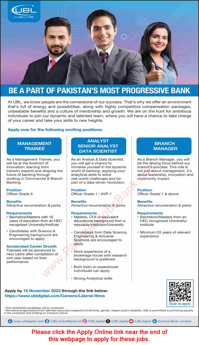 UBL Jobs October 2023 Management Trainees, Analysts, Data Scientists & Branch Managers Latest