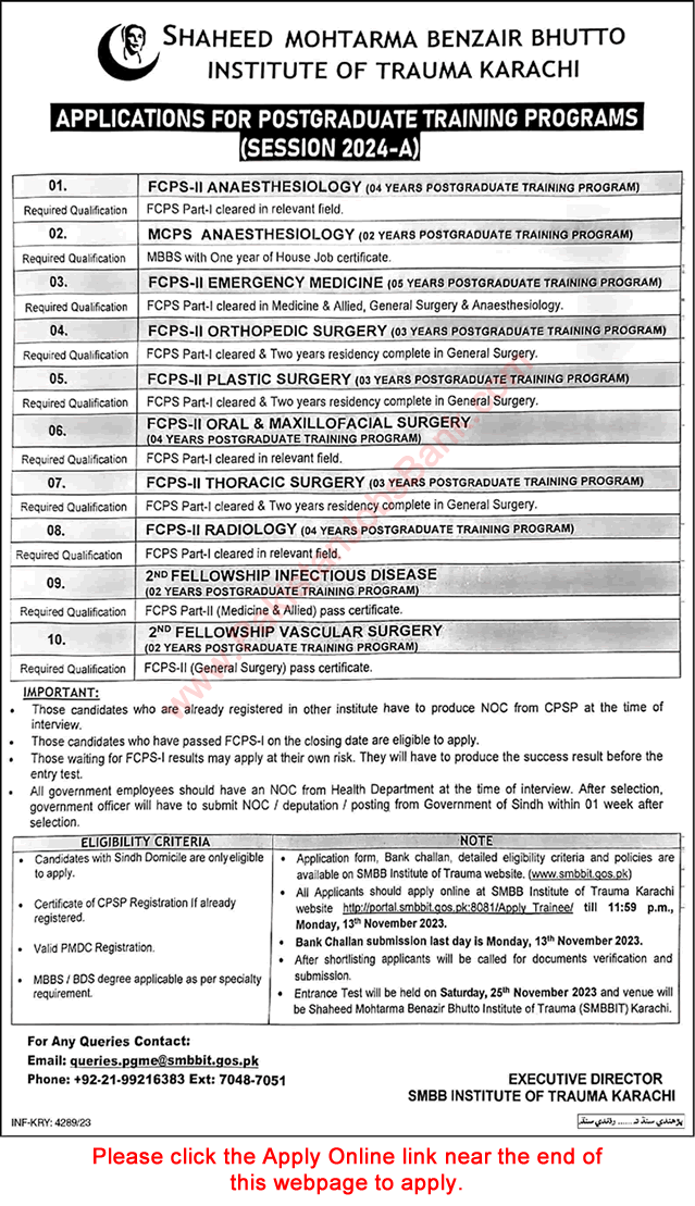 SMBB Institute of Trauma Karachi FCPS / MCPS Postgraduate Training October 2023 November SMBBIT Online Apply Latest