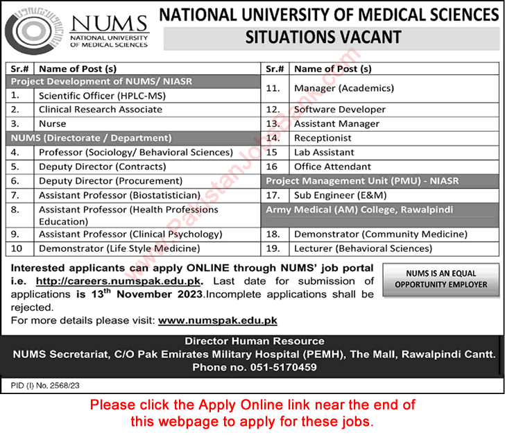 NUMS University Rawalpindi Jobs October 2023 November Apply Online Teaching Faculty & Others Latest