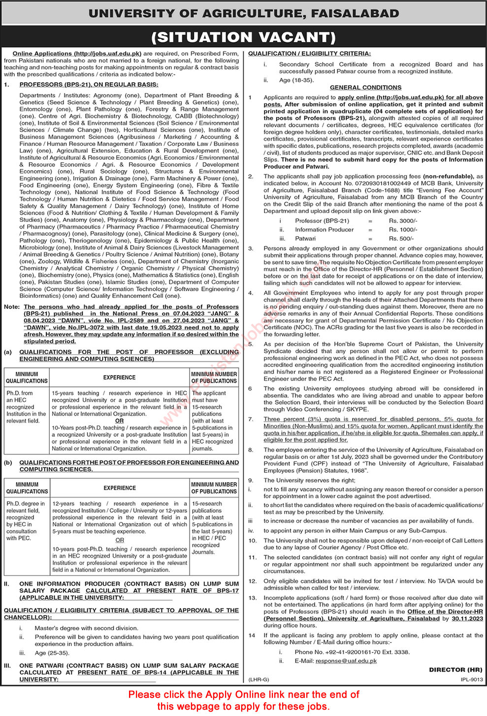 University of Agriculture Faisalabad Jobs October 2023 November UAF Online Apply Professors & Others Latest