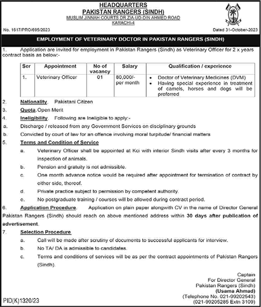 Veterinary Officer Jobs in Pakistan Rangers Sindh 2023 November Latest