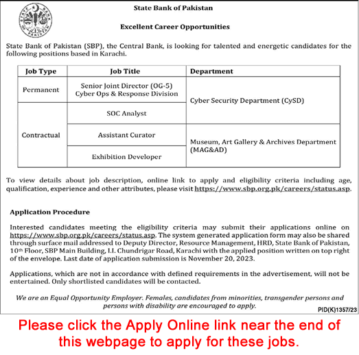 State Bank of Pakistan Jobs November 2023 Apply Online Assistant Curator, SOC Analyst & Others SBP Latest