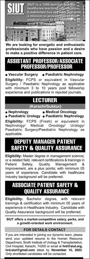 SIUT Hospital Karachi Jobs November 2023 Teaching Faculty & Others Latest