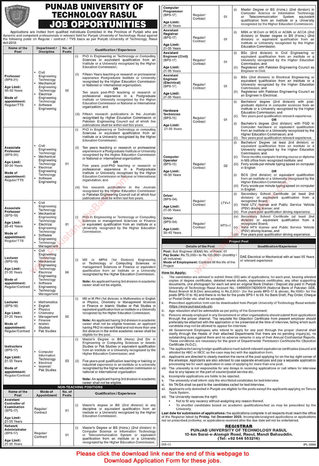 Punjab University of Technology Rasul Jobs November 2023 Application Form Teaching Faculty & Others Latest