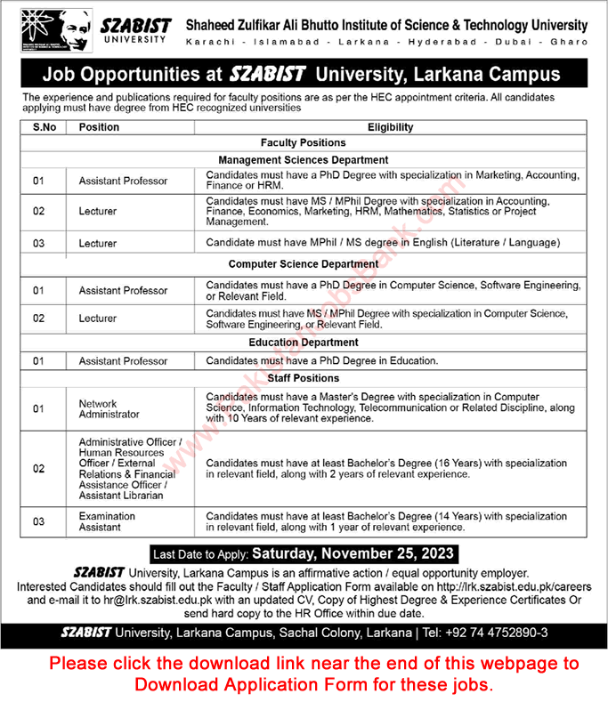 SZABIST University Larkana Jobs 2023 November Application Form Teaching Faculty & Others Latest