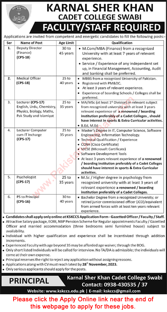 Karnal Sher Khan Cadet College Swabi Jobs November 2023 Apply Online Lecturers & Others Latest