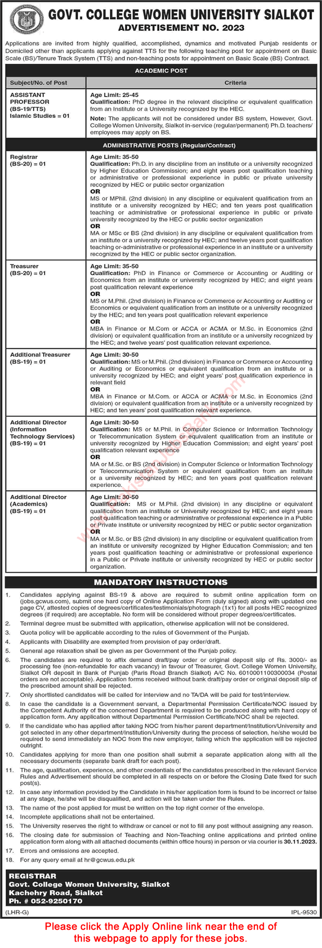 Government College Women University Sialkot Jobs 2023 November Apply Online Latest