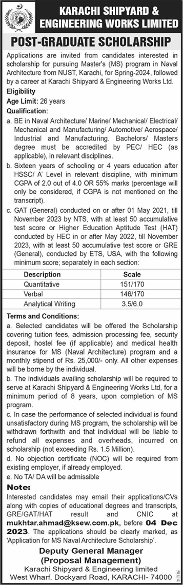 Karachi Shipyard and Engineering Works Postgraduate Scholarships November 2023 KSEW Spring 2024 Latest