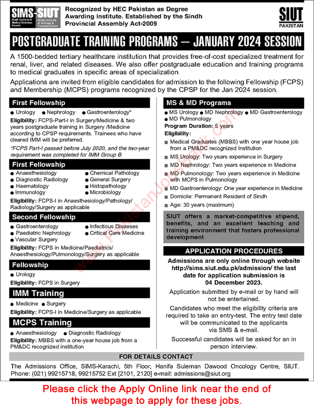 SIUT Karachi Residency Training Program November 2023 SIMS Apply Online Latest