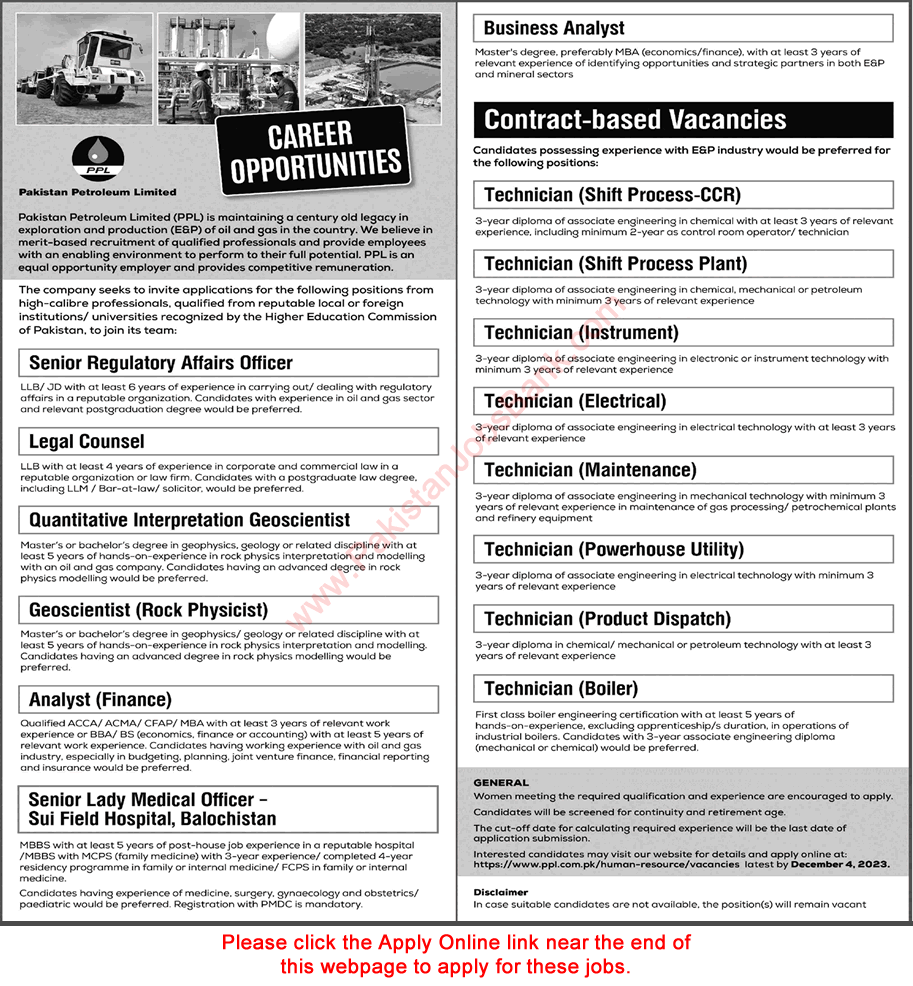 Pakistan Petroleum Limited Jobs November 2023 PPL Online Apply Technicians & Others Latest