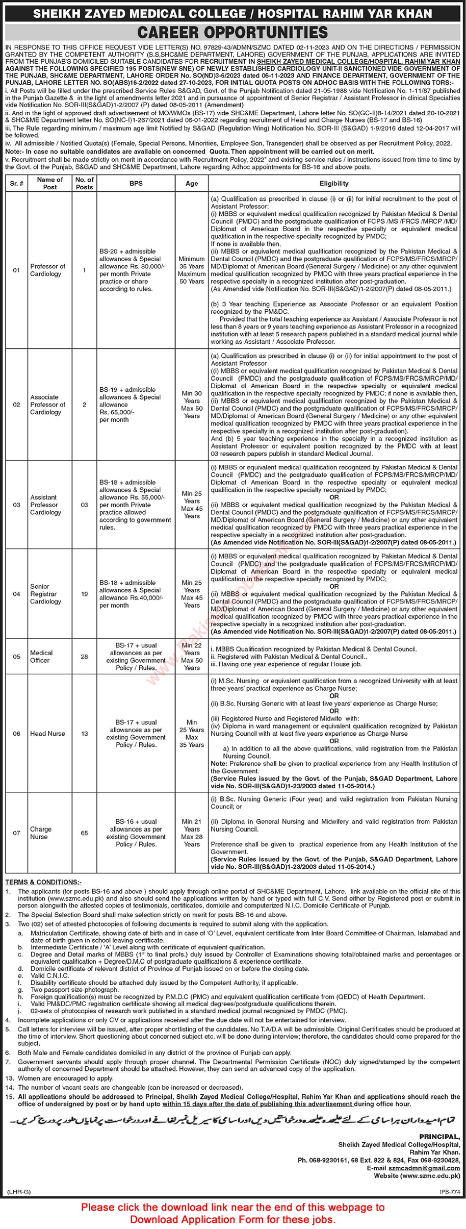 Sheikh Zayed Medical College / Hospital Rahim Yar Khan Jobs November 2023 Application Form Nurses & Others Latest