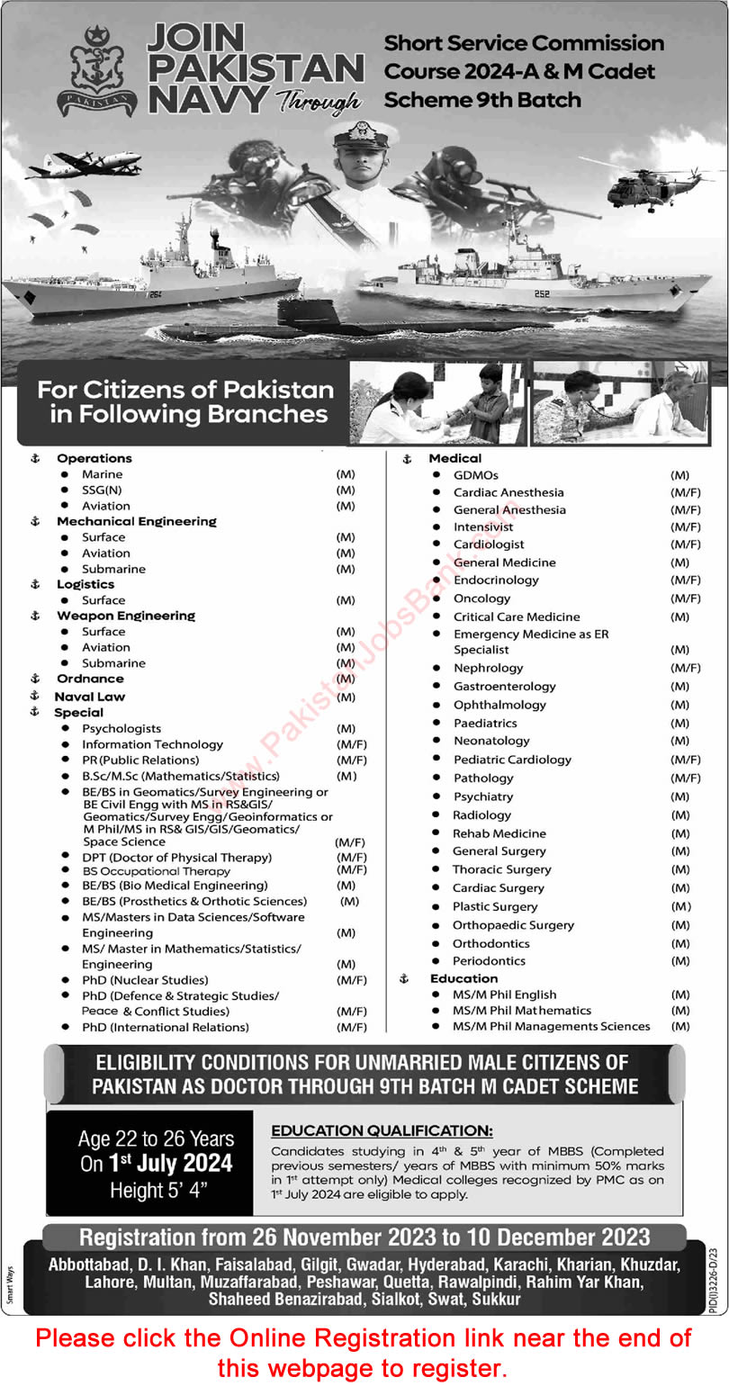 Join Pak Navy SSC 2024-A Online Registration Short Service Commission Course Civilian Jobs Latest