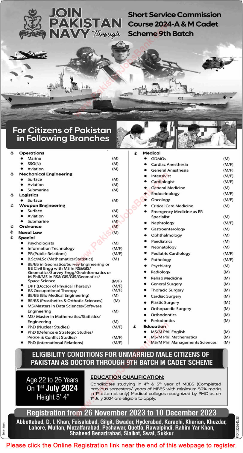 Pak Navy Medical Jobs November 2023 M Cadet as GDMO & Specialist Doctors Online Registration Latest