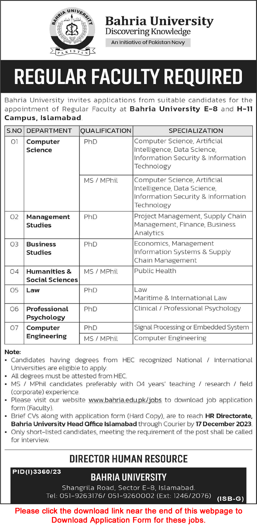 Bahria University Islamabad Jobs December 2023 Teaching Faculty Application Form Latest