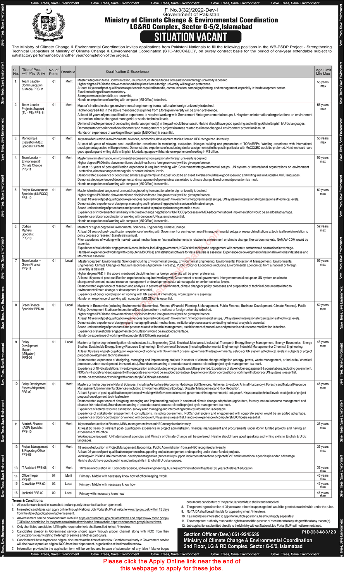 Ministry of Climate Change Islamabad Jobs December 2023 Online Apply Specialists & Others Latest