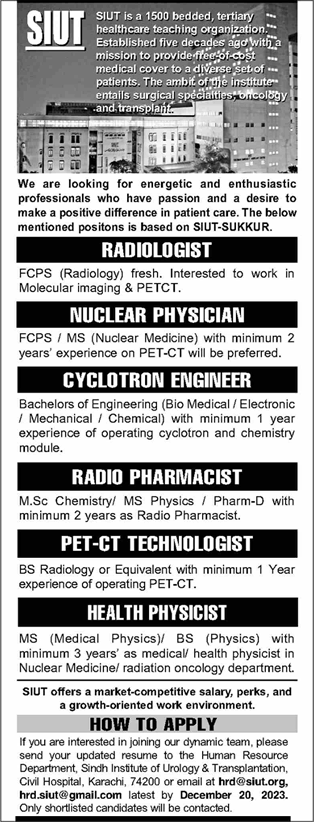 SIUT Hospital Sukkur Jobs December 2023 Sindh Institute of Urology & Transplantation Latest