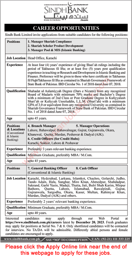 Sindh Bank Jobs December 2023 Apply Online Cash Officers, Branch Managers & Others Latest