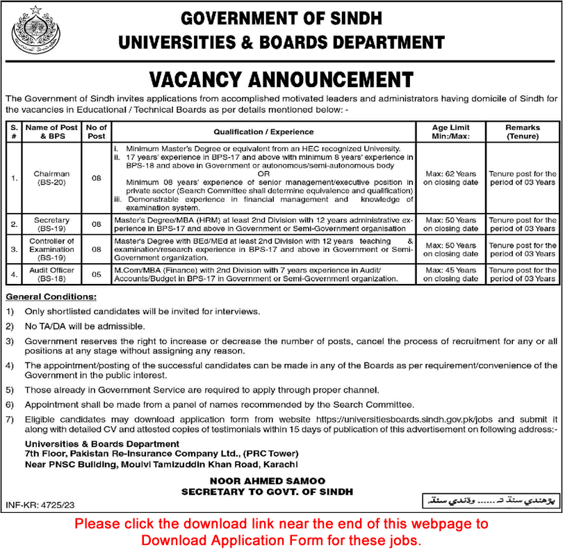 Universities and Boards Department Sindh Jobs December 2023 Application Form Secretary & Others Latest