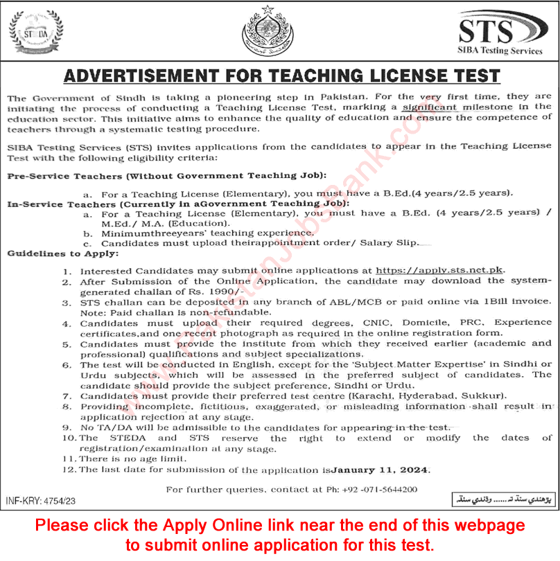 Teaching License Test 2023 / 2024 Sindh STS Apply Online Advertisement Latest