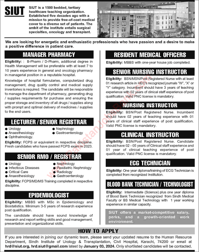 SIUT Hospital Karachi Jobs December 2023 / 2024 Medical Officers, Registrars & Others Latest