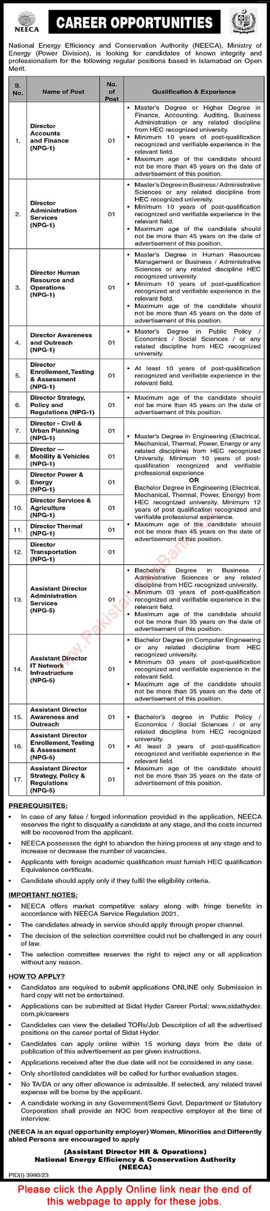 Assistant / Director Jobs in NEECA Islamabad 2023 / 2024 Apply Online National Energy Efficiency and Conservation Authority Latest