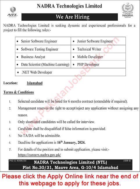 NADRA Technologies Limited Islamabad Jobs 2024 Apply Online Software Engineers & Others Latest