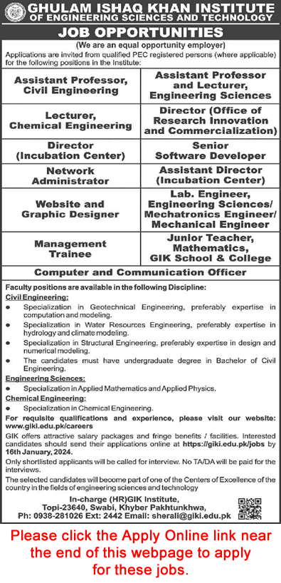GIK Institute of Engineering Sciences and Technology Swabi Jobs 2024 Apply Online Latest