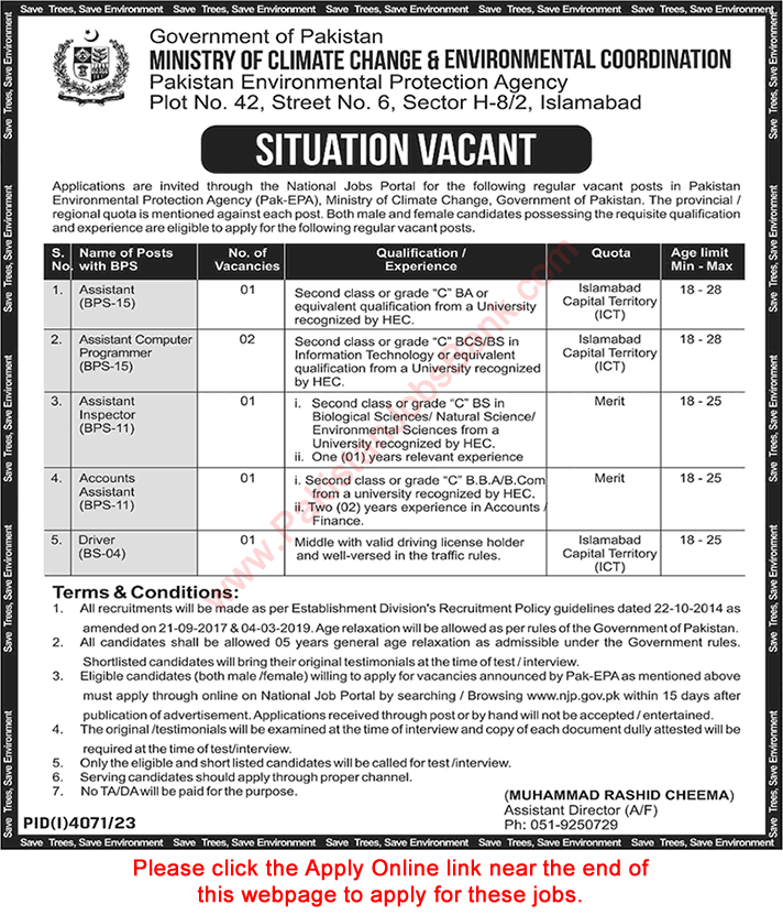 Ministry of Climate Change Islamabad Jobs 2024 Apply Online Pakistan Environmental Protection Agency Latest