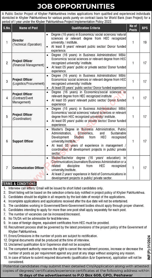 PO Box 608 GPO Peshawar Jobs 2024 Project Officers & Others Public Sector Organization Latest